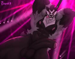 abs anthro areola armpit_hair armpits balls bara biped black_balls black_body black_foreskin black_fur foreskin fur genitals grey_body grey_fur hands_behind_head hi_res humanoid_genitalia humanoid_penis looking_at_viewer male male_only mr._frenzy muscular muscular_anthro muscular_male nintendo nipples nude obstagoon open_mouth partially_retracted_foreskin pecs penis pink_nipples pink_sclera pokémon_(species) pokemon pole solo stripper_pole teeth tongue tongue_out vein veiny_penis video_games white_body white_fur