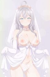 adolescent alisa_mikhailovna_kujou belly_button blue_eyes cute_face cute_girl dressing eyebrows_visible_through_hair eyelashes_visible_through_hair high_quality high_resolution highres large_ass large_breasts looking_at_viewer makeup nipples school_girl schoolgirl shiny_body shiny_hair smiling_at_viewer teenage_girl thin_neck thin_waist tokidoki_bosotto_russian_de_dereru_tonari_no_alya-san waifu2x white_background white_hair white_skin wide_hips