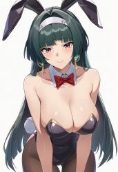 1girls ai_generated animal_ears astra_yao bangs bare_shoulders big_breasts black_hair black_legwear black_leotard blush bow bowtie breasts bunny_ears bunny_girl bunny_tail bunnysuit cleavage collarbone detached_collar earrings eyebrows_visible_through_hair fake_animal_ears female female_only gradient gradient_background hairband highleg hoyoverse jewelry large_breasts leotard long_hair looking_at_viewer mihoyo pantyhose purple_eyes red_neckwear smile solo strapless strapless_leotard tail wrist_cuffs zenless_zone_zero