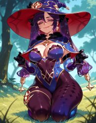 1girls :q ai_generated balecxi black_gloves black_hair blue_capelet blue_headwear blue_leotard blurry_background bodystocking breasts capelet choker cleavage clothing covered_navel curvaceous curvaceous_female curvaceous_figure curvy curvy_figure day detached_sleeves earrings elbow_gloves eyeshadow female female_focus fur-trimmed_capelet fur_trim genshin_impact gloves grass green_eyes half-closed_eyes hat headwear highleg highleg_leotard inviting inviting_to_sex jewelry kneeling large_breasts leotard licking_lips lips long_hair looking_at_viewer makeup medium_breasts mona_(genshin_impact) naughty_face outdoors pantyhose presenting presenting_ass presenting_breasts presenting_hindquarters presenting_self purple_hair purple_pantyhose seductive seductive_look seductive_smile seiza sitting smile solo star_earrings thick_thighs thighlet thighs tongue tongue_out tree twintails voluptuous voluptuous_female wide_hips witch_hat