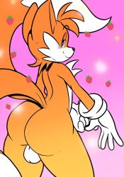 2019 5_fingers anthro ass ass_focus backsack balls big_ass big_butt blue_eyes butt_focus canid canine clothing dipstick_tail eyebrows femboy fingers food fox fruit genitals girly gloves gloves_only handwear handwear_only hi_res looking_at_viewer looking_back male mammal markings mostly_nude multicolored_body nude pink_background plant raised_eyebrows rear_view sega simple_background smile solo sonic_(series) sonic_the_hedgehog_(series) strawberry tail_markings taillove_(artist) tails thick_thighs two_tone_body white_clothing white_gloves white_handwear wide_hips yellow_body