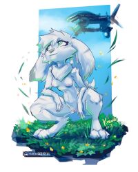 anthro breasts crouching female fur genitals grass grass_field head_tuft hi_res kiaun lagomorph leporid mammal neck_tuft nova_(xen) nude plant pussy rabbit solo spacecraft text tuft vehicle white_body white_fur