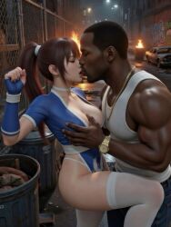 3d about_to_kiss ai_generated alley alleyway asian asian_female black_male breast_grab carl_johnson couple crossover dark-skinned_male dark_skin dead_or_alive eastern_and_western_character faces_close gangster ghetto gold_jewelry grand_theft_auto grand_theft_auto:_san_andreas groping groping_breasts interracial jewelry kasumi_(doa) kunoichi light-skinned_female night ninja ponytail skirt stockings streets wowzerspowzers
