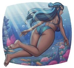 ass_focus bikini blue_bikini cameltoe coral coral_reef feet from_behind large_ass looking_back nessa_(pokemon) pokemon soles sunlight_rays swimming toes underwater