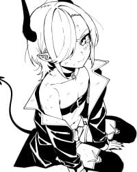 1boy angry bare_shoulders belt black_nails blush choker commentary_request defeat demon_boy demon_horns demon_tail dirty fingernails glaring highres horns ishua_varnark jacket kneeling long_fingernails looking_at_viewer monochrome nail_polish otosama pointy_ears senki_survival_saga_-_isekai_no_unmei_wo_kaketa_mujintou_fujun_iseikouyuu short_shorts shorts simple_background solo solo_focus tail tearing_up tears thighhighs trap