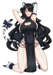 1girls :o absurdres animal_ears armpits arms_behind_head big_breasts black_dress black_hair black_sash blue_eyes blue_hair blush bow breasts cleavage cleavage_cutout clothing_cutout commentary commission covered_navel cross-laced_slit curvy dress english_commentary erina_makina female full_body fur_armlet hair_over_one_eye highres hips huge_breasts kneeling long_hair massive_breasts mchiefy mechanical_arms multicolored_hair no_panties nose_blush open_mouth pelvic_curtain phase_connect revealing_clothes sash sideboob sideless_dress single_mechanical_arm solo streaked_hair tail tail_bow tail_ornament thighs tiger_ears tiger_girl tiger_tail very_long_hair virtual_youtuber vtuber