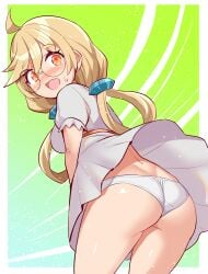ahoge ass ass_focus azure_striker_gunvolt azure_striker_gunvolt_3 blonde_hair blush breasts clothes_lift cougar_(cougar1404) dimples_of_venus dress dress_lift embarrassed female from_behind from_below glasses grazie_(gunvolt) hair_ornament leaning leaning_forward long_hair looking_back looking_down low_twintails medium_breasts open_mouth orange_eyes panties sideboob solo sweatdrop twintails underwear very_long_hair wedgie wind wind_lift