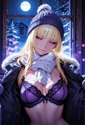 1girls ai_generated blonde_female blonde_hair blue_eyes bra emilie_de_rochefort female female_only flashing hime_cut long_hair looking_at_viewer open_clothes open_jacket pov seductive seductive_look seductive_pose seductive_smile solo solo_female tekken winter_clothes