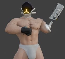 1boy 2025 3d 3d_(artwork) 3d_model 3d_render abs augghles bara body_hair bulge captain_(risk_of_rain) chest_hair gay gloves grey_background hairy hairy_male hat helmet male male_only masked masked_male muscles muscular navel prosthetic prosthetic_arm risk_of_rain robot robot_boy robot_humanoid scar scars scars_all_over scars_on_body six_pack solo solo_male underwear underwear_only unseen_male_face upper_body yaoi