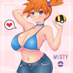 absurdres alternate_breast_size asymmetrical_hair bikini blue_eyes blush breasts cleavage creatures_(company) curvy denim denim_shorts female game_freak heart highres huge_breasts kasumi_(pokemon) large_breasts midriff misune_art navel nintendo orange_hair poke_ball pokemon pokemon_(game) pokemon_rgby ponytail short_hair shorts side_ponytail swimsuit tied_hair