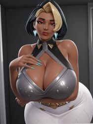 1girls 3d ai_generated aqua_nails arm_under_breasts bare_shoulders black_hair blizzard_entertainment brown_eyes cleavage cleavage_cutout closed_mouth dark-skinned_female dark_skin domina earrings eyeshadow female female_only hand_on_own_chest huge_breasts jewelry large_breasts leaning_forward makeup mature_female mole_on_breast multicolored_hair nail_polish overwatch shirt short_hair skirt smile solo solo_female streaked_hair teasing unholybebra vaira_singhania wide_hips