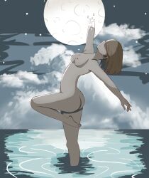 absurdres ass ballet breasts brown_hair cloud cloudy_sky completely_nude dancing disintegration english_commentary female female highres itsuwami medium_breasts medium_hair moon night night_sky nipples nude ocean original sky solo standing standing_on_one_leg star_(sky) wading