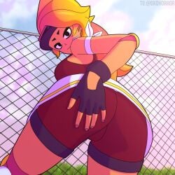 1girls amber_(brawl_stars) ass ass_focus brawl_stars breasts bubble_trouble_amber_(brawl_stars) cel_shading diexdi elbow_pads fingerless_gloves from_behind gloves hand_on_ass long_hair looking_at_viewer looking_back ponytail shorts smile solo visor_cap