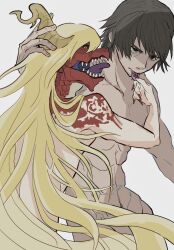 abs angelus_(drag-on_dragoon) angelus_(drakengard) black_sclera blonde_hair brown_eyes brown_hair caim_(drag-on_dragoon) caim_(drakengard) claws drag-on_dragoon dragon dragon_girl dragon_head dragon_horns drakengard fit fit_male horn long_fingernails long_hair monster_girl nude painted_nails red_scales short_hair slit_pupils small_breasts square_enix yellow_eyes yukihito0003