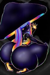 :3 ass_bigger_than_head ass_focus black_sclera chromatic_aberration feet huge_ass korbaen multicolored_hair mushroom_girl mushroom_hat mushroom_humanoid on_knees original_character purple_body shortstack small_breasts soles