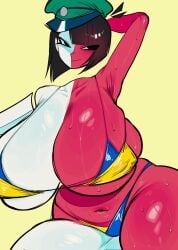 1girls big_breasts bikini breasts ena ena_(dream_bbq) ena_(series) female hat heretic_idan smile solo sweat thick_thighs voluptuous wide_hips