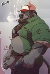 absurd_res anthro balls barazoku bathroom beard beer_belly belly belly_hair belly_tuft belt biceps big_balls big_belly big_muscles big_pecs big_penis blue_belt blue_bottomwear blue_clothing blue_jeans blue_pants body_hair bottomwear bottomwear_around_legs bottomwear_pull bovid bovine brown_beard brown_body brown_chest_hair brown_facial_hair brown_fur brown_hair brown_pubes brown_sideburns cattle chest_hair chest_tuft cigarette cigarette_in_mouth cigarette_smoke clothed clothing clothing_around_legs clothing_pull denim denim_bottomwear denim_clothing exposed_chest facial_hair fur genitals grabbing_own_penis green_clothing green_shirt green_topwear grey_body grey_fur hair hand_on_penis happy_trail hat headgear headwear hi_res holding_own_penis holding_penis humanoid_genitalia humanoid_penis jeans male mammal manly mature_anthro mature_male musclegut muscular muscular_anthro muscular_arms muscular_male muscular_thighs object_in_mouth open_clothing open_shirt open_topwear pants pants_around_legs pants_pull pecs penis penis_grab presenting presenting_body presenting_penis pubes public_restroom redneck rolled_up_sleeves shirt side_view sideburns smoke smoking smoking_cigarette solo stangart tail thick_arms thick_thighs topwear trucker trucker_hat tuft unbuttoned unbuttoned_shirt unbuttoned_topwear unzipped unzipped_clothing unzipped_pants urinal zipper