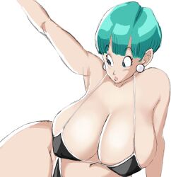 1girls big_breasts bikini boobs breasts bulma_briefs cleavage dragon_ball dragon_ball_z earrings edit female huge_breasts large_breasts pink_lipstick solo tagme white_background zetomeso