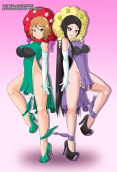 2girls alternate_costume black_hair blue_eyes bottomless cosplay duo elbow_gloves florges_(cosplay) game_freak gloves gradient_background gym_leader hazel_hair high_heels multiple_girls nintendo pink_background platform_heels pokemon pokemon_(cosplay) pokemon_xy pose satosatori serena_(pokemon) valerie_(pokemon) white_elbow_gloves white_gloves