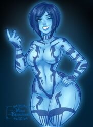 2d artificial_intelligence artist_logo blue_background blue_body blue_eyes blue_hair blue_skin breasts cortana hair_over_one_eye halo_(series) halo_2 hand_on_hip missbehaviour smirking snapping_fingers teeth_showing winking winking_at_viewer