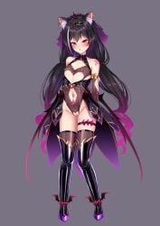 1girls :o animal_ears arms_behind_back black_hair cat_ears clothing_cutout corruption dark_persona female female_focus female_only full_body gradient_hair hair_ornament hairband highleg highleg_leotard highres karyl_(princess_connect!) leotard long_hair looking_at_viewer low_twintails multicolored_hair navel navel_cutout navel_piercing nipple_piercing piercing princess_connect! pubic_tattoo puririn purple_background purple_hair pussy pussy_cutout pussy_juice red_eyes revealing_clothes shoes simple_background slutty_outfit solo solo_female solo_focus standing tattoo thigh_strap thighhighs twintails