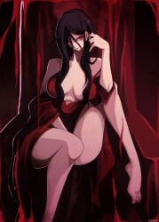 1girls alma_wade artist_request bare_legs bare_shoulders bare_thighs barefoot black_hair breasts cleavage f.e.a.r. f.e.a.r._2 female female_only ghost_girl hourglass_figure long_hair looking_at_viewer medium_breasts red_clothing red_eyes sexually_suggestive sole_female solo solo_focus straight_hair tagme