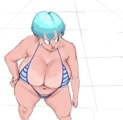 1girls angry big_breasts bikini boobs breasts bulma_briefs cleavage curvy dragon_ball dragon_ball_z earrings edit female huge_breasts large_breasts pubic_hair short_hair sideboob slightly_chubby solo striped_bikini tagme tan_skin tanline thick_thighs zetomeso