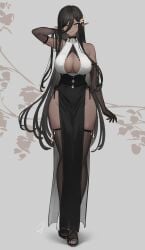 1girls 2021 bare_shoulders black_gloves black_hair blush breasts china_dress chinese_clothes cleavage cleavage_cutout dark-skinned_female dark_elf dark_elven_girl_(hayabusa) dark_skin dress elbow_gloves elf elf_ears elf_female eyebrows_visible_through_hair eyes_visible_through_hair female female_focus female_only gloves grey_background hair_between_eyes hair_ornament halterneck hand_on_chin hands_behind_head hayabusa highres inner_sideboob jewelry large_breasts long_hair looking_at_viewer mole mole_on_breast orange_eyes original pelvic_curtain plant pointy_ears sideboob simple_background skindentation solo solo_female solo_focus standing thick_thighs thighhighs thighs very_long_hair wide_hips zettai_ryouiki