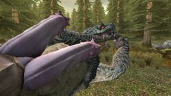 16:9 2_penises 3d capcom claws digital_media_(artwork) diphallia diphallism fanged_wyvern feral finger_in_mouth forest forest_background genitals grass grey_body hi_res kevlarcaviar looking_at_viewer male male_focus monster monster_hunter multi_genitalia multi_penis nature nature_background outside penis pink_penis plant red_eyes rock scales sharp_teeth solo solo_focus solo_male teeth tobi-kadachi tongue tongue_out tree video_games widescreen