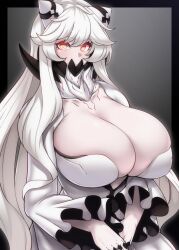 abyssal_ship blush breasts cleavage collarbone dress eyebrows_visible_through_hair female gigantic_breasts glowing glowing_eyes highres horns kantai_collection konoshige_(ryuun) long_hair long_sleeves looking_at_viewer midway_hime orange_eyes pale_skin ryuun_(stiil) shinkaisei-kan simple_background skindentation solo upper_body very_long_hair white_dress white_hair