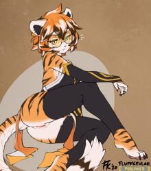 2020 2020s anthro arknights armwear blush brown_background clothing conditional_dnp eyewear felid female fluff-kevlar fur furry genitals glasses legwear mammal pantherine pussy simple_background solo stripes sunglasses tiger tinted_eyewear waai_fu_(arknights) yellow-tinted_eyewear