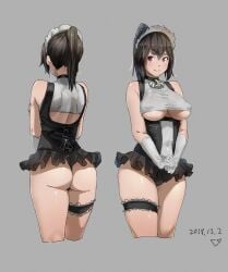 ass back bangs black_hair black_panties black_skirt breasts brooch bustier closed_mouth corset covered_nipples crop_top cropped_legs dated female female_only fully_clothed gloves grey_background groin high_ponytail highres jewelry large_breasts leg_garter long_hair looking_at_viewer maid maid_headdress microskirt multiple_views original panties ponytail red_eyes revealing_clothes sidelocks simple_background skimpy_clothes skirt smile thong triangle_bullet underboob underwear v_arms white_gloves