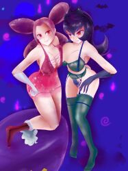 2girls bellelba big_breasts blush bra dark_room fantina_(pokemon) flatpancakes garter_belt garter_straps gloves large_breasts lingerie long_gloves long_hair melissa_(pokemon) multiple_girls night_dress nightgown pink_eyes pink_hair pokemon pokemon_bw pokemon_dppt pressing_breasts_together red_eyes sabrina_(pokemon) seductive simple_background sitting socks thick_thighs yuri