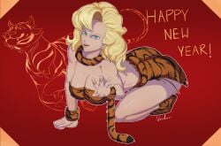 1girls 2d 2d_(artwork) artist_signature ayla ayla_(chrono_trigger) blonde_female blonde_hair blonde_hair_female chrono_trigger cleavage clothed clothing digital_media_(artwork) female female_only green_eyes green_eyes_female happy_new_year large_breasts light-skinned_female light_skin looking_at_viewer lunar_new_year on_all_fours on_knees open_mouth smile smiling_at_viewer solo solo_female tagme thick_thighs tiger tiger_costume vandiarr video_game_character video_game_franchise year_of_the_tiger