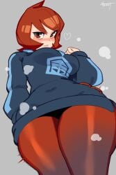 1girls 2022 arezu_(pokemon) artist_signature blush breasts clothed clothed_female female female_only hi_res hips large_breasts looking_at_viewer low-angle_view nezulet nintendo pokemon pokemon_legends:_arceus red_eyes red_hair red_tights short_hair simple_background thick_thighs thigh_focus thighs thunder_thighs tight_clothing tight_fit tights very_high_resolution wide_hips