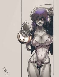 1girls abs andava andavaverse claudia_(andava) cock_sleeve cosplay freckles fringe ghost_in_the_shell ghost_in_the_shell_stand_alone_complex halloween kusanagi_motoko_(cosplay) pale-skinned_female red_hair sharp_teeth short_hair vampire yellow_eyes