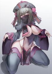 1girls areolae ause_(artist) big_breasts breasts clothed clothing detached_sleeves female female_only grey_hair hat human jiangshi kneeling light-skinned_female light_skin loincloth long_sleeves looking_at_viewer mostly_nude nipples pale_skin sidelocks solo spread_legs thighhighs veil wide_hips