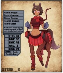 1futa animal_genitalia animal_penis balls bow bow_(weapon) breasts brown_hair centaur character_name character_sheet clothed clothing dark-skinned_futanari dark_skin fully_clothed futa_only futanari horsecock humanoid measurements ocypa_(thetenk) penis red_eyes scar short_hair skirt smile solo standing stats text thetenk