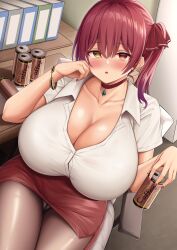 1girls bangs beverage beverage_can blush blushing_at_viewer bracelet breasts bursting_breasts busty cans choker cleavage coffee collarbone collared_shirt depth_of_field desk drink dutch_angle eye_contact eyebrows_visible_through_hair facing_viewer female female_only fingernails green_pendant hair_ribbon hand_on_cheek heterochromia hi_res high_resolution highres holding holding_can hololive hololive_fantasy hololive_japan houshou_marine huge_breasts jewelry kusana_(dudqja602) long_hair looking_at_viewer nail_polish office office_clothing office_lady only_female open_mouth panties_under_pantyhose pantyhose pantyshot pantyshot_(sitting) pencil_skirt pendant pendant_choker red_choker red_eyes red_hair red_nail_polish red_nails red_ribbon red_skirt short_sleeved_shirt short_sleeves sitting sitting_on_chair skirt solo solo_focus straining_buttons table tied_hair tight_clothing tight_fit top_heavy top_heavy_breasts twintails underwear virtual_youtuber voluptuous white_collar white_panties white_shirt white_underwear yellow_eyes