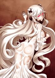 abyssal_ship against_wall ass backless_outfit black_nails breasts damu_ningen dress female from_behind horns kantai_collection large_breasts long_hair looking_at_viewer looking_back midway_hime nail_polish pale_skin photoshop_(medium) red_eyes see-through shinkaisei-kan very_long_hair wet wet_clothes white_dress white_hair