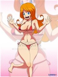 1girls bikini blue_eyes embarrassed hourglass_figure huge_breasts layerth long_hair mario_(series) mona_(warioware) nintendo orange_hair solo surprised voluptuous warioware