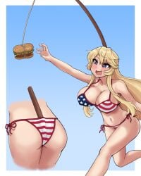 american_flag_bikini ass bikini blonde_hair blue_background blue_eyes breasts burger carrot_on_stick chasing cleavage cowboy_shot donburikazoku drooling female fishing_rod flag_print food gradient gradient_background hanging_food heart heart-shaped_pupils highres inset iowa_(kantai_collection) kantai_collection large_breasts long_hair open_mouth photoshop_(medium) running side-tie_bikini smile solo star_(symbol) swimsuit symbol-shaped_pupils