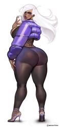 eclipse_(oc) high_heels jewelry neroartbox phone purple_eyes silver_hair tattoo tight_clothing wide_hips