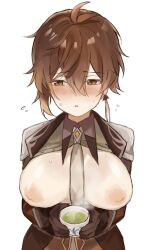 ? areolae bangs black_gloves blush breasts brown_hair collared_shirt cup earrings eyebrows_visible_through_hair female genderswap_(mtf) genshin_impact gloves green_tea hair_between_eyes holding holding_cup inverted_nipples jacket jewelry large_breasts long_hair long_sleeves necktie nipples open_clothes open_mouth open_shirt otsumami_(02mami) rule_63 shirt simple_background single_earring solo speech_bubble steam sweat tassel tassel_earrings tea teacup tears white_background yellow_eyes zhongli_(genshin_impact) zhongli_jiejie