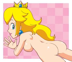 ass blonde_hair blue_eyes blush female happy_female hinoarashi mario_(series) naked nintendo nude princess princess_peach sideboob solo solo_female tagme