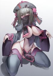 1futa areolae ause_(artist) big_breasts breasts clothed clothing detached_sleeves erection erection_under_clothes erection_under_loincloth futa_only futanari grey_hair hat human jiangshi kneeling light-skinned_futanari light_skin loincloth long_sleeves looking_at_viewer medium_penis mostly_nude nipples pale_skin sidelocks solo spread_legs thighhighs veil wide_hips