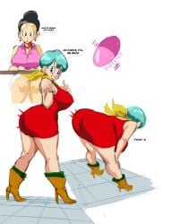 ass ass_in_dress big_ass big_breasts breasts bulma_briefs chichi dragon_ball dragon_ball_z dress heel_boots large_ass large_breasts pussy_juice pussy_juice_drip sex_toy tagme text vibrator vibrator_under_clothes zetomeso