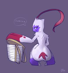 anthro ass big_butt crouching english_text female game_freak gatox_(artist) half-closed_eyes hi_res looking_at_viewer looking_back looking_back_at_viewer narrowed_eyes nintendo pokémon_(species) pokemon pokemon_legends:_arceus purple_face simple_background small_waist sneasler solo text video_games whit_fur