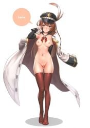 almost_naked blue_eyes blush breast_grab breasts brown_hair english_text female gloves granblue_fantasy hat hat_feather human introduction jacket lecia_(granblue_fantasy) long_hair necklace remana small_breasts solo speech_bubble text thighhighs vagina