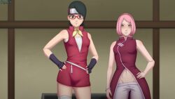 2girls age_difference bare_shoulders before_sex black_eyes black_hair boruto:_naruto_next_generations bracelet breasts daughter dress eyewear facial_mark female female_only fingerless_gloves forehead_mark glasses gloves green_eyes light-skinned_female light_skin looking_at_viewer mature mature_female mature_woman megane milf minidress mostly_clothed mother mother_and_daughter naruto naruto_(series) neckerchief no_panties older older_female pale-skinned_female pale_skin pants pelvic_curtain pink_hair red-framed_glasses sakura_haruno sarada_uchiha scy_25 small_breasts take_your_pick tease teasing teenage_girl teenager tight_clothing young younger_female